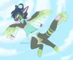  4_fingers angel_dragon anthro biped diaper dragon feathers feces fen. flying fur hair horn humanoid_hands looking_back male messy_diaper multicolored_feathers multicolored_fur multicolored_hair pawpads rear_view scat soiling solo source_request twixxel_minty wings 