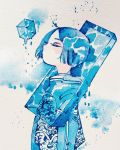  blue_hair closed_eyes cube droplet floating floating_object highres maruti_bitamin no_mouth original photo short_hair solo traditional_media upper_body water wave_print 