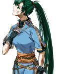  black_gloves breasts bruise clenched_teeth delsaber dress earrings fingerless_gloves fire_emblem fire_emblem:_rekka_no_ken gloves green_eyes green_hair hand_on_own_chest injury jewelry katana long_hair lyndis_(fire_emblem) medium_breasts ponytail sash scabbard sheath short_sleeves simple_background solo sword teeth turtleneck unsheathed very_long_hair weapon white_background 