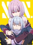  1girl 3: anti_(ssss.gridman) bangs boxcutter closed_mouth commentary_request constricted_pupils disconnected_mouth eyebrows_visible_through_hair eyes_visible_through_hair flame_print frown furrowed_eyebrows half-closed_eyes highres holding holding_boxcutter hug hug_from_behind jacket lavender_hair long_sleeves off_shoulder pantyhose purple_jacket red_eyes school_uniform scowl shinjou_akane shirt short_hair sitting smile ssss.gridman straight_hair teruya_(6w6y) twitter_username v-shaped_eyebrows white_shirt yellow_background 