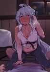  belt blush breasts cleavage girl_on_top granblue_fantasy large_breasts looking_at_viewer midriff monchan_rev3 navel nipples ponytail pubic_hair silva_(granblue_fantasy) silver_hair straddling 