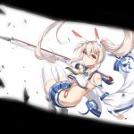  ayanami_(azur_lane) azur_lane bandaid_on_arm blonde_hair breasts detached_sleeves hair_ornament hairclip highres long_hair looking_at_viewer pleated_skirt ponytail red_eyes skirt solo sword thighhighs underboob weapon white_background white_legwear wide_sleeves xin_(zinc) 