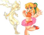 blonde_hair bow child green_bow hair_bow high_ponytail long_hair multiple_girls om_(nk2007) open_mouth rockman rockman_(classic) roll smile standing swimsuit triforce weapon 