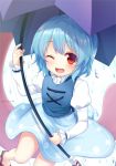  :d blue_hair blush commentary_request geta juliet_sleeves long_sleeves looking_at_viewer nnyara one_eye_closed open_mouth puffy_sleeves rain red_eyes short_hair smile solo tatara_kogasa touhou twitter_username umbrella 