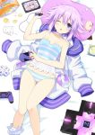  blush breasts d-pad d-pad_hair_ornament food game_console hair_ornament handheld_game_console highres looking_at_viewer lying nepgyaa neptune_(choujigen_game_neptune) neptune_(series) on_back on_bed one_eye_closed open_mouth panties pudding purple_eyes purple_hair short_hair solo spoon striped striped_panties thighhighs underwear zero_(ray_0805) 
