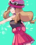  aqua_background bag bare_shoulders closed_mouth eyewear_on_head grey_eyes grey_shirt handbag hat high-waist_skirt light_brown_hair long_hair looking_at_viewer low-tied_long_hair outstretched_arm pokemon pokemon_(game) pokemon_xy red_hat red_skirt ririmon serena_(pokemon) shirt skirt sleeveless sleeveless_shirt smile solo sunglasses tongue tongue_out 