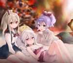  3girls :d ahoge animal_ears aqua_eyes arm_rest ayanami_(azur_lane) azur_lane bangs bare_arms bare_legs bare_shoulders between_legs black_legwear black_skirt blonde_hair bloomers blue_sailor_collar blue_skirt blurry blurry_background blush bow bowtie bunny_ears camisole christmas christmas_tree collarbone commentary_request depth_of_field frilled_shirt frills hair_between_eyes hair_intakes hair_ribbon hand_on_own_stomach hand_up headgear high-waist_skirt highres javelin_(azur_lane) jewelry kiyosato0928 knees_up laffey_(azur_lane) lavender_hair leg_up light_particles long_hair long_sleeves looking_at_viewer lying miniskirt multiple_girls navel necklace no_shoes on_back on_stomach open_mouth pantyhose parted_lips pink_bloomers pink_eyes ponytail purple_shirt red_eyes red_neckwear red_ribbon ribbed_sweater ribbon sailor_collar shirt sidelocks sitting skirt sleeves_past_wrists smile stomach suspender_skirt suspenders sweater thighs turtleneck turtleneck_sweater twintails underwear wavy_hair white_hair white_shirt 