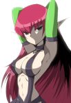  armpits arms_behind_head bangs breasts cowboy_shot duel_monster eyebrows_visible_through_hair green_eyes green_sleeves hair_between_eyes halterneck harpie_lady highres kairi69jp large_breasts long_hair looking_at_viewer monster_girl navel pointy_ears red_hair simple_background solo very_long_hair white_background yuu-gi-ou yuu-gi-ou_duel_monsters 