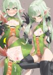  1girl black_legwear black_ribbon blush breasts censored commentary_request cum cum_on_body cum_on_breasts cum_on_upper_body ejaculation elf embarrassed erection flat_chest framed_breasts goblin_slayer! green_eyes green_hair hair_ribbon hetero high_elf_archer_(goblin_slayer!) highres long_hair looking_at_viewer mosaic_censoring naizuri nipples no_panties open_mouth penis penis_to_nipple pointy_ears ponytail ribbon ronna simple_background small_breasts solo_focus sweat 