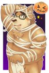  2018 5keys_x86 anthro bear belly brown_fur eyewear food fruit fur glasses halloween holidays humanoid_hands male mammal moobs nipples overweight overweight_male pumpkin solo tokyo_afterschool_summoners towel volos 