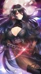  black_gloves black_hair black_legwear blurry blurry_background breasts cleavage cleavage_cutout fingerless_gloves full_moon glint gloves hair_between_eyes headset highres iron_saga large_breasts long_hair looking_at_viewer mole mole_on_breast moon night noixen oboro_(iron_saga) outdoors pantyhose red_eyes sheath solo unsheathing very_long_hair 