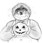  2018 anthro bear belly clothing eyewear food fruit glasses halloween hat holidays humanoid_hands male mammal overalls overweight overweight_male pumpkin riversausage simple_background solo straw_hat tokyo_afterschool_summoners volos 