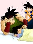  anger_vein annoyed bandana bardock black_eyes black_hair blanket chin_rest closed_eyes dougi dragon_ball dragon_ball_z elbow_rest expressionless family father_and_son finger_to_mouth fingernails frown grandfather_and_grandson green_shirt hand_on_own_face looking_at_another lying male_focus masa_(p-piyo) multiple_boys muscle nervous open_mouth pectorals pink_background red_bandana scar shirt short_hair simple_background sleeping son_gokuu son_goten spiked_hair sweatdrop time_paradox translation_request upper_body wristband 