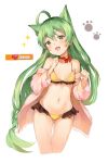 :3 ahoge akashi_(azur_lane) alternate_costume animal_ears azur_lane bangs bell bikini blush bow breasts broche_(timpet) cat_ears collarbone commentary_request eyebrows_visible_through_hair frilled_bikini frills green_hair groin hair_between_eyes hair_bow hair_ornament hands_up highres jacket long_hair looking_at_viewer navel neck_bell neck_ribbon off_shoulder open_clothes open_jacket open_mouth paw_print ribbon sidelocks simple_background small_breasts smile solo sparkle stomach swimsuit very_long_hair white_background yellow_bikini yellow_eyes 