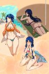  ass ass_visible_through_thighs axia-chan bikini bikini_bottom_removed bikini_top_removed blue_eyes blush breasts chest_tattoo ciel cleavage commentary cropped_legs elesia eyewear_on_head highres large_breasts lips long_hair looking_at_viewer lotion lying multiple_girls navel nose_blush on_stomach palm_tree shadow short_hair sideboob sitting sparkle sunscreen swimsuit swimsuit_under_clothes tan tattoo tree tsukihime very_long_hair wariza 