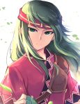 closed_mouth commentary_request fingerless_gloves fire_emblem fire_emblem:_fuuin_no_tsurugi gloves green_eyes green_gloves green_hair headband highres long_hair muneate nakabayashi_zun short_sleeves simple_background solo sue_(fire_emblem) white_background 