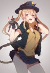  absurdres bangs belt black_jacket blonde_hair blush breasts button_gap commentary_request fangs fingerless_gloves fur-trimmed_jacket fur_trim girls_frontline gloves hat hayarob highres horns jacket korean_commentary long_hair looking_at_viewer m870_(girls_frontline) open_mouth police_badge police_hat red_eyes shirt shotgun_shells skirt solo strapless tubetop twintails 