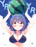  arms_up ball bare_shoulders beachball bikini bikini_top black_bikini_top blue_hair blush breasts brown_eyes cleavage closed_mouth collarbone eyebrows_visible_through_hair furutani_himawari hairband highres holding holding_ball large_breasts looking_at_viewer smile solo swimsuit takahero water_drop watermelon_beachball yuru_yuri 