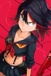  blue_eyes breasts cleavage collarbone glaring kill_la_kill matoi_ryuuko midriff multicolored_hair navel red_background reeya sailor_collar school_uniform scissor_blade senketsu short_hair simple_background skirt solo streaked_hair suspender_skirt suspenders 