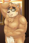  2018 5keys_x86 anthro bear belly brown_fur eyewear fur glasses humanoid_hands male mammal moobs nipples overweight overweight_male solo tokyo_afterschool_summoners towel volos 