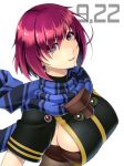 abu black_dress blue_scarf bob_cut breasts commentary_request double_horizontal_stripe dress eyebrows_behind_hair gold_trim large_breasts looking_at_viewer nel_zelpher open_mouth parted_lips purple_eyes red_hair scarf short_hair short_sleeves sideboob simple_background smile solo star_ocean star_ocean_till_the_end_of_time white_background 