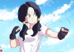  black_gloves black_hair blue_eyes blue_sky breasts chris_re5 clenched_hands cloud day dragon_ball dragon_ball_(classic) gloves hair_ornament looking_to_the_side low_twintails medium_breasts shirt short_sleeves sky solo twintails upper_body videl white_shirt 
