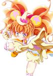  animal_ears bear_ears bloomers blue_eyes blush bow commentary_request cure_mofurun foreshortening gloves hat highres knee_pads mahou_girls_precure! mofurun_(mahou_girls_precure!) orange_hair outstretched_arm precure punching star star_in_eye symbol_in_eye tanabe_kyou underwear white_background witch_hat 