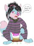  anthro bandanna biped canine clothing dialogue diaper dubcub eyebrows feces fox fur hair hoodie hybrid kayote legwear male mammal messy_diaper scat simple_background sitting soiling solo speech_bubble stockings teeth tongue urine watersports wet_diaper wetting white_background wolf 