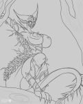  2018 anthro big_breasts breasts claws digital_media_(artwork) female forest greyscale hi_res leaf monochrome monster mouthless nightmarebearpuff outside scp_860_b scp_foundation signature simple_background sketch solo spikes sticks tree video_games vines 