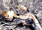  between_breasts black_hair breasts brown_hair cable clamp cleavage covered_nipples cyberpunk glasses grey_eyes large_breasts lying machine marker_(medium) official_art open_clothes short_hair solo torn_clothes traditional_media tube unzipped veins x_(manga) yatouji_satsuki 