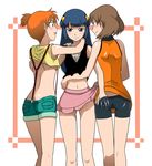  alternate_costume ass ass_grab bike_shorts blue_eyes blue_hair breasts brown_hair butt_crack commentary_request denim denim_shorts fff_threesome grabbing_another's_ass groping group_sex gym_leader hand_under_clothes haruka_(pokemon) highres hikari_(pokemon) impossible_clothes kakkii kasumi_(pokemon) long_hair medium_breasts midriff multiple_girls navel no_bandana no_headwear orange_hair pokemon pokemon_(anime) ponytail shiny shiny_clothes shiny_skin shirt_lift short_hair shorts side_ponytail skirt skirt_lift smile spandex suspenders thigh_gap threesome underboob yuri 