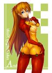  aka_(shoumae) ass bad_id bad_pixiv_id blue_eyes bodysuit breasts butt_crack covered_nipples from_behind lips long_hair looking_back multicolored multicolored_bodysuit multicolored_clothes neon_genesis_evangelion orange_bodysuit orange_hair plugsuit rebuild_of_evangelion red_bodysuit shikinami_asuka_langley small_breasts smile solo souryuu_asuka_langley test_plugsuit 