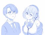  1girl ;) blue bow closed_mouth denkou_choujin_gridman glasses headphones highres looking_at_another looking_at_viewer monochrome off_shoulder one_eye_closed school_uniform shinjou_akane simple_background sketch smile ssss.gridman toudou_takeshi trait_connection upper_body viperxtr white_background 