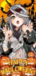  7:08 :o ahoge bandaged_head bandages bat claw_pose commentary g11_(girls_frontline) girls_frontline grey_hair halloween happy_halloween highres jack-o'-lantern knife_in_head long_hair looking_at_viewer solo torn_clothes 