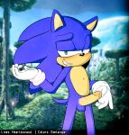  5_fingers anthro blue_fur blue_hair blue_tail clothing detailed_background erection exposed fur gloves green_eyes hair hearlesssoul hedgehog humanoid_penis looking_at_viewer male mammal mostly_nude multicolored_fur outside owlalope penis short_tail smile smirk solo sonic_(series) sonic_the_hedgehog standing tan_fur teeth two_tone_fur 