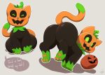  absurd_res big_butt butt cewljoke dipstick_tail feline flora_fauna gloves_(marking) hi_res hindpaw holding_object mammal markings multicolored_tail nude orange_pawpads outline pawpads paws plant pumkat smile socks_(marking) solo trick_or_treat 