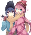  :d bangs beanie black_gloves black_hat blue_eyes blue_hair blue_jacket blush brown_eyes brown_gloves brown_scarf closed_mouth commentary_request eyebrows_visible_through_hair fingerless_gloves fringe_trim gloves hair_between_eyes hat head_tilt jacket kagamihara_nadeshiko kyuukon_(qkonsan) long_sleeves multiple_girls open_mouth pink_hair red_hat red_jacket scarf shared_scarf shima_rin simple_background smile sweat white_background yurucamp 