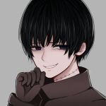  bangs black_gloves black_hair blue_eyes clenched_teeth commentary_request fang gloves grey_background grin hand_up iagiluerbgnio looking_at_viewer male_focus neck_scar original portrait simple_background smile smug stitches teeth 