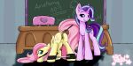  2018 anus ball_gag bdsm bondage bound chalkboard classroom clitoral_winking clitoris cutie_mark dock duo english_text equine feathered_wings feathers female feral fluttershy_(mlp) friendship_is_magic gag hair horn inside looking_at_viewer mammal multicolored_hair my_little_pony pastel-pony-princess pegasus presenting presenting_anus presenting_pussy pussy school spread_legs spread_pussy spreader_bar spreading starlight_glimmer_(mlp) table text two_tone_hair unicorn wings 