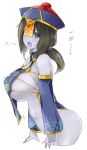  black_hair blue_eyes blue_skin blush breasts chinese_clothes fang hair_ornament hat huge_breasts jiangshi large_breasts long_hair naik navel ofuda open_mouth original ponytail simple_background solo white_background 