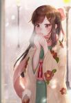  blowing_on_hands blush brown_eyes brown_hair commentary_request floral_print hands_up highres japanese_clothes kimono lamppost led_awaame long_hair original pink_scarf scarf standing twitter_username wide_sleeves 