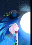  absurdres blue_hair comic dress flower full_moon hat hat_flower highres hinanawi_tenshi long_hair moon page_number short_sleeves touhou very_long_hair waist_bow yappa_muri 