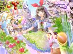  :d apple apple_tree architecture bamboo basket blue_eyes blue_shirt blurry bow brown_hair bunny bunny_hair_ornament card castle cherry_blossom_print cherry_blossoms commentary cup day depth_of_field east_asian_architecture eyebrows_visible_through_hair floating_hair floral_print flower food frilled_skirt frills fruit green_eyes green_skirt hair_bow hair_flower hair_ornament hairband highres holding holding_basket key lantern layered_skirt long_hair looking_at_viewer obi open_mouth original petals playing_card print_skirt puffy_short_sleeves puffy_sleeves red_bow red_flower red_hairband red_rose rose sash shirt short_sleeves skirt sky smile solo standing teacup teapot tree tsukiori_alice very_long_hair white_flower wooden_lantern yuutarou_(fukiiincho) 