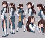  blush brown_eyes brown_hair chinese_clothes chinese_dress fkey gray kneehighs long_hair original signed sketch twintails 