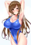  armpits arms_behind_head arms_up bangs bare_shoulders blue_swimsuit blush breasts brown_eyes brown_hair cleavage closed_mouth collarbone commentary_request covered_navel heavy_breathing highleg highleg_swimsuit highres hips idolmaster idolmaster_cinderella_girls idolmaster_cinderella_girls_starlight_stage large_breasts long_hair looking_at_viewer nitta_minami one-piece_swimsuit sankakusui shiny shiny_hair simple_background smell smile solo swept_bangs swimsuit thighs white_background 