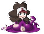  2015 blue_eyes blush breasts brown_hair featureless_breasts female hair hat hilda_(pok&eacute;mon) legless melting nintendo nude pok&eacute;mon purple_breasts pussy simple_background slime slimy solo thetransformtentacle tongue tongue_out transformation video_games 