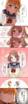  &gt;_&lt; /\/\/\ 2girls ahoge animal_ears arms_behind_back bangs blue_collar blue_eyes blush bow bowtie brown_hair clenched_hands clover_hair_ornament collar comic dog_collar dog_ears dog_tail flying_sweatdrops hair_bow hair_ornament heart_ahoge highres long_sleeves love_live! love_live!_sunshine!! minori_748 multiple_girls no_eyes notice_lines o_o orange_hair outstretched_arms red_eyes red_neckwear school_uniform serafuku short_hair spoken_ellipsis sweatdrop tail takami_chika translation_request v-shaped_eyebrows watanabe_you yellow_bow yuri 
