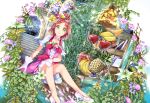  apple banana brown_hair choker collarbone commentary_request cure_flora dress dutch_angle flower food fruit gloves go!_princess_precure green_eyes hair_flower hair_ornament haruno_haruka high_heels highres looking_at_viewer parted_lips pink_dress precure pumps purple_flower shiny shiny_hair short_dress short_hair short_sleeves sitting smile solo stairs tied_hair veil watermelon white_footwear white_gloves white_sleeves yuutarou_(fukiiincho) 