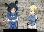  2girls :&lt; animal_tail belt black_hair blonde_hair boots breasts cleavage dress fairy_tail hair_ornament long_hair lucy_heartfilia minerva_orlando multiple_girls pantyhose ponytail skirt tail twintails 