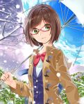  blue_umbrella bow bowtie brown_coat brown_hair coat dress_shirt eyebrows_visible_through_hair glasses green_eyes highres holding holding_umbrella hood hood_down hooded_coat idolmaster idolmaster_cinderella_girls looking_at_viewer maekawa_miku open_clothes open_coat outdoors red-framed_eyewear red_bow shirt short_hair sky_print snow snowing solo toggles umbrella upper_body white_shirt yuutarou_(fukiiincho) 